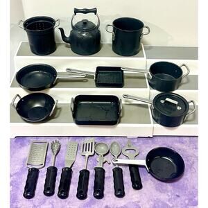 Original Toys R Us Just Like Home Non-Stick Play Cookware Silver & Black 19 Pcs